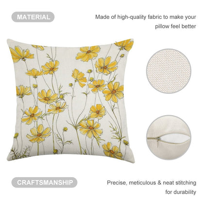 Yellow Cosmos Flowers Linen Throw Pillow Cover