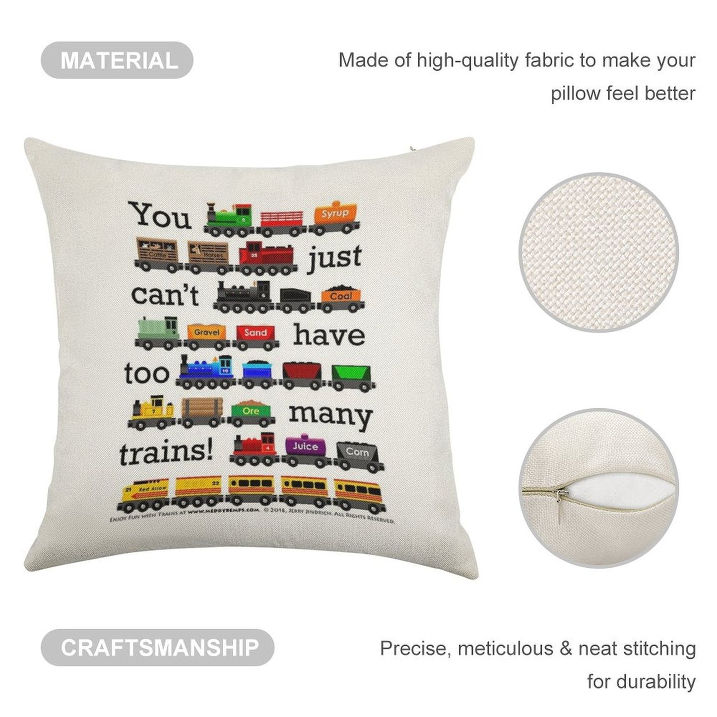Too Many Trains - Black Lettering Linen Throw Pillow Cover