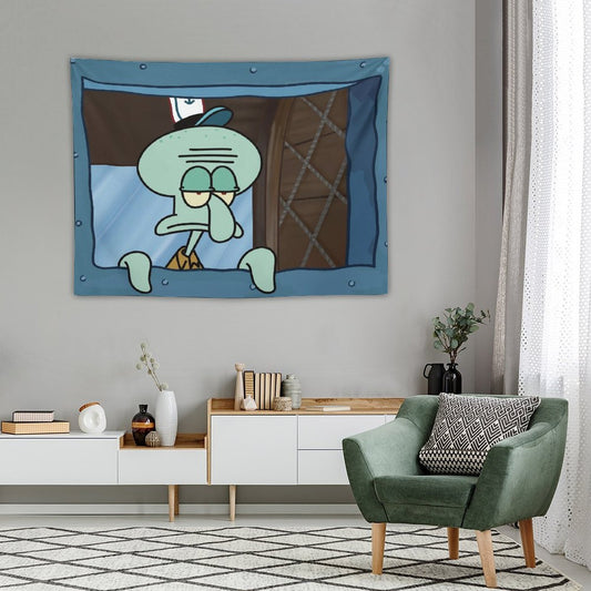 Funny Squidward Octopus Cartoon Tapestry
