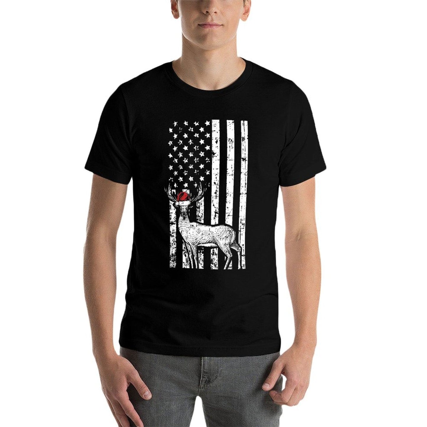 Deer Hunting Elk Santa Hat American Christmas Gifts for Women Kids Men  Cotton T-Shirt