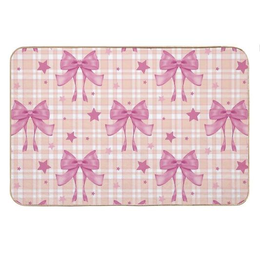 Pink Plaid, Bows And Stars Bath Mat