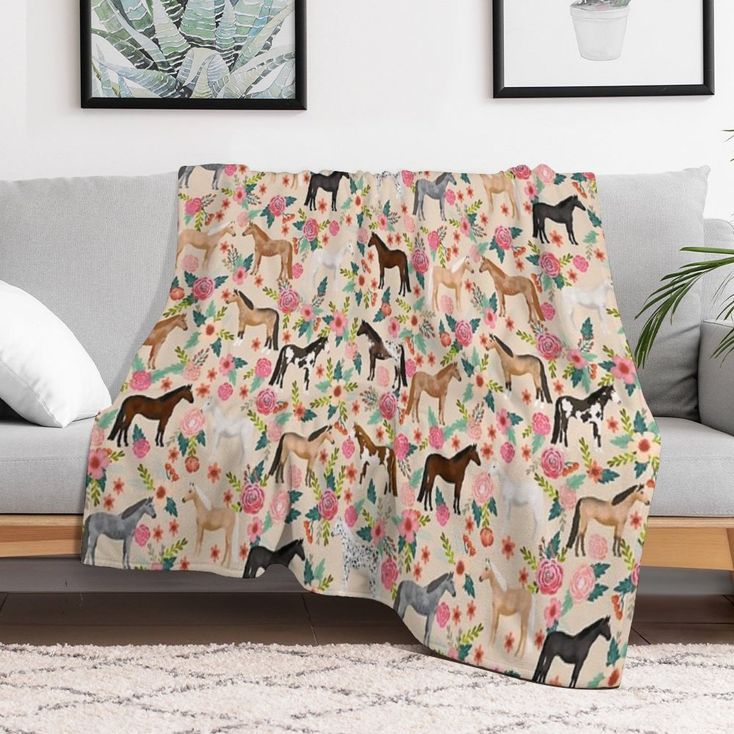 Horses Floral Horse Breeds Farm Animal Pets Throw Blanket