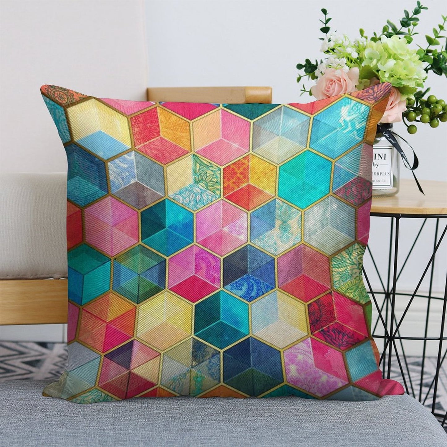 Crystal Bohemian Honeycomb Cubes - Colorful Hexagon Pattern Linen Throw Pillow Cover
