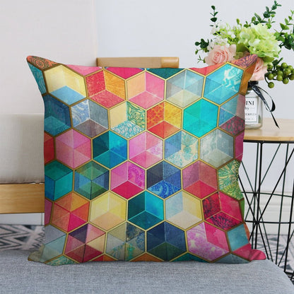 Crystal Bohemian Honeycomb Cubes - Colorful Hexagon Pattern Linen Throw Pillow Cover