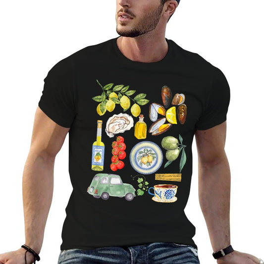 Italian Summer Scrapbook with Limoncello Seafood Coastal  Polyester Blend T-Shirt