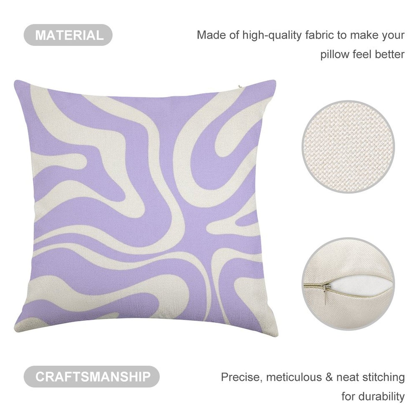Retro Modern Liquid Swirl Abstract Pattern Square in Light Purple And White Linen Throw Pillow Cover