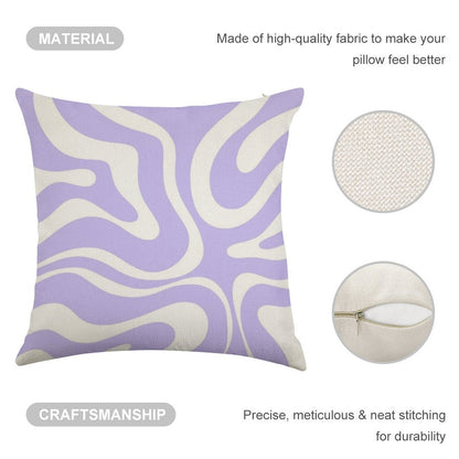 Retro Modern Liquid Swirl Abstract Pattern Square in Light Purple And White Linen Throw Pillow Cover