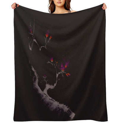 Enchanting Oriental Artwork of A Budding Sakura Branch with Deep Violet Flowers Art Print Throw Blanket