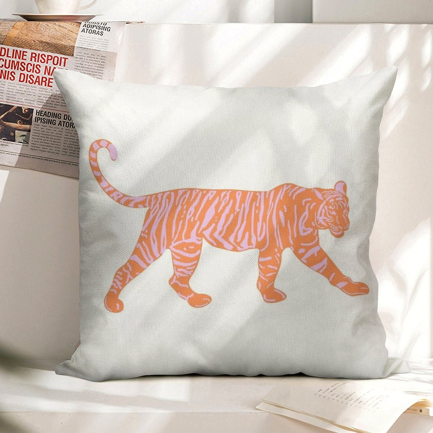 Orange And Pink Tiger Linen Throw Pillow Cover