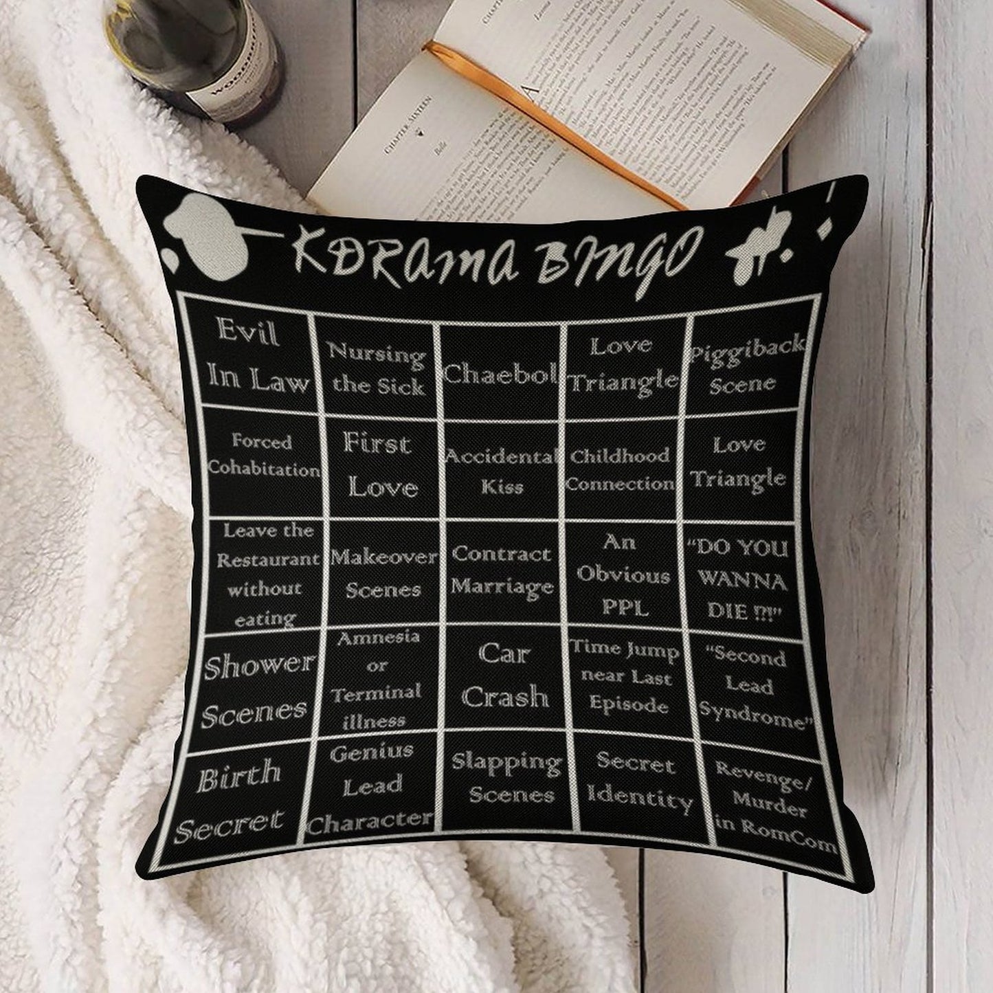 Korean Drama Bingo Linen Throw Pillow Cover