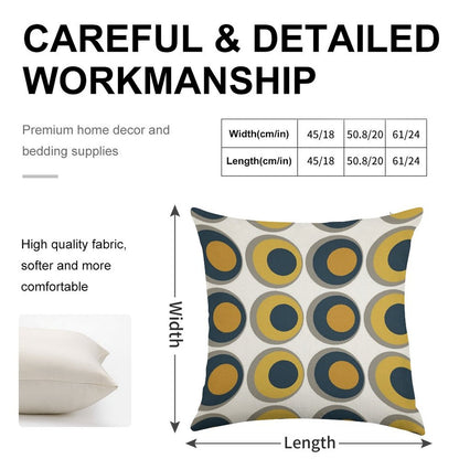 Double Dots Retro Pattern in Light And Dark Mustard Yellow, Navy Blue, Grey, And White Linen Throw Pillow Cover