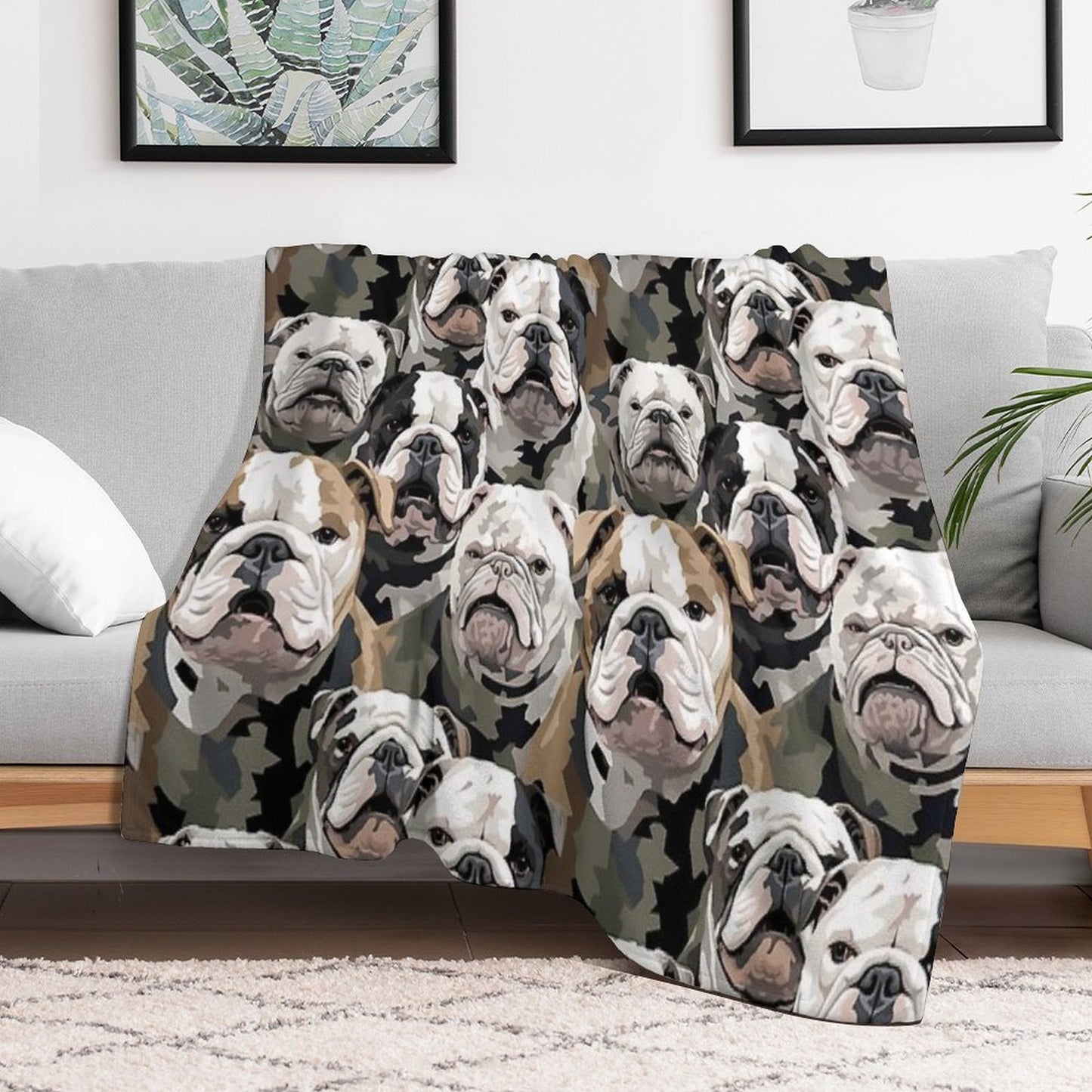 Bulldog in Camouflage Pattern Throw Blanket