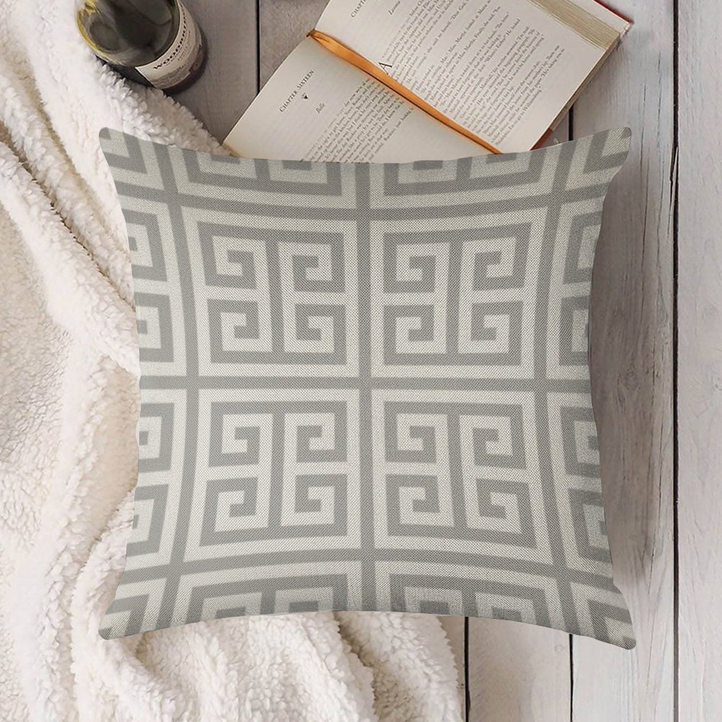 Greek Key Silver Gray And White Pattern Linen Throw Pillow Cover