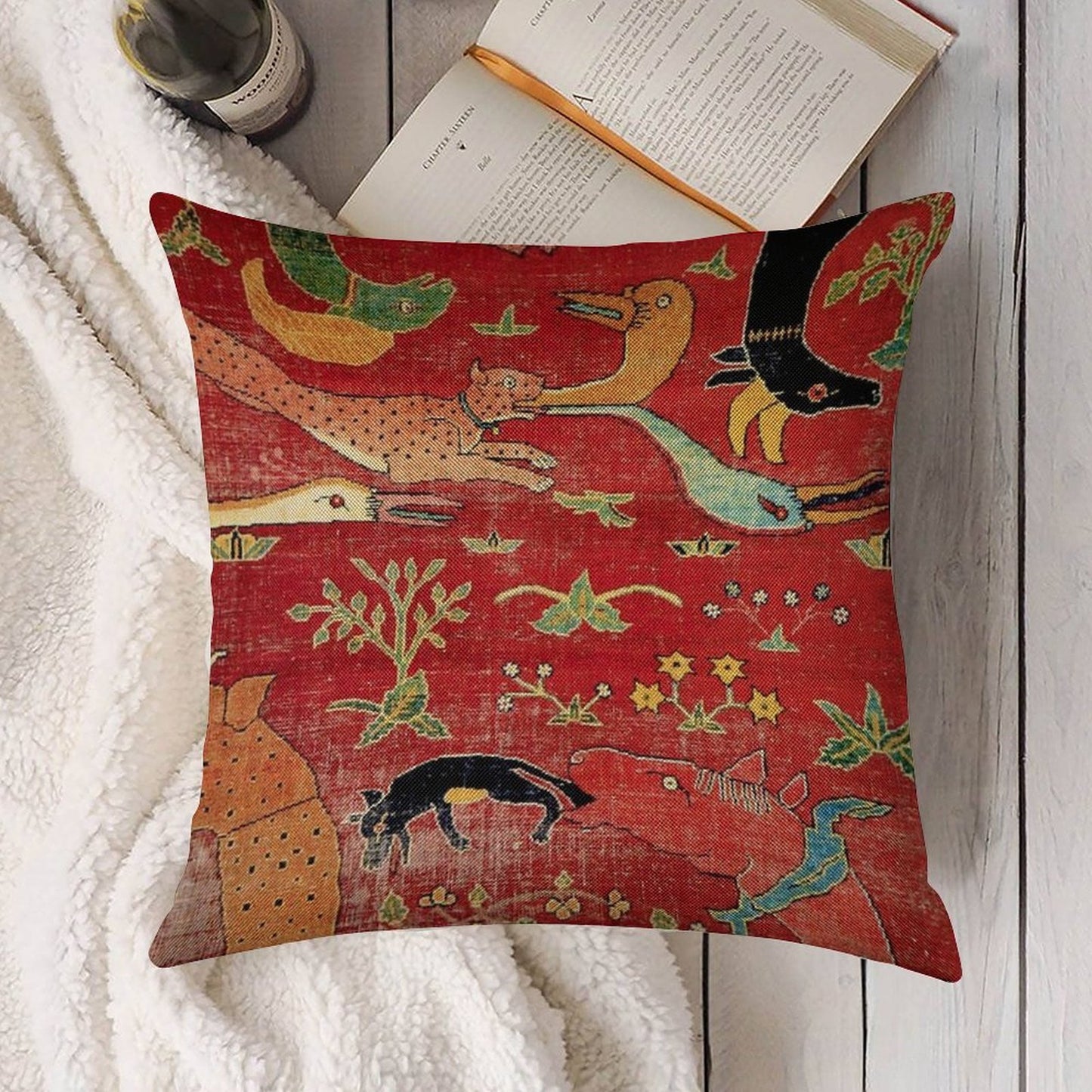 Animal Grotesques Mughal Carpet Fragment Linen Throw Pillow Cover