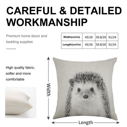 Hedgehog - Black & White Linen Throw Pillow Cover