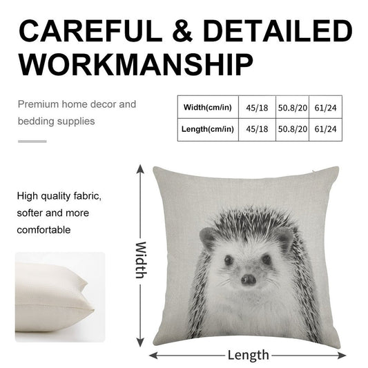 Hedgehog - Black & White Linen Throw Pillow Cover