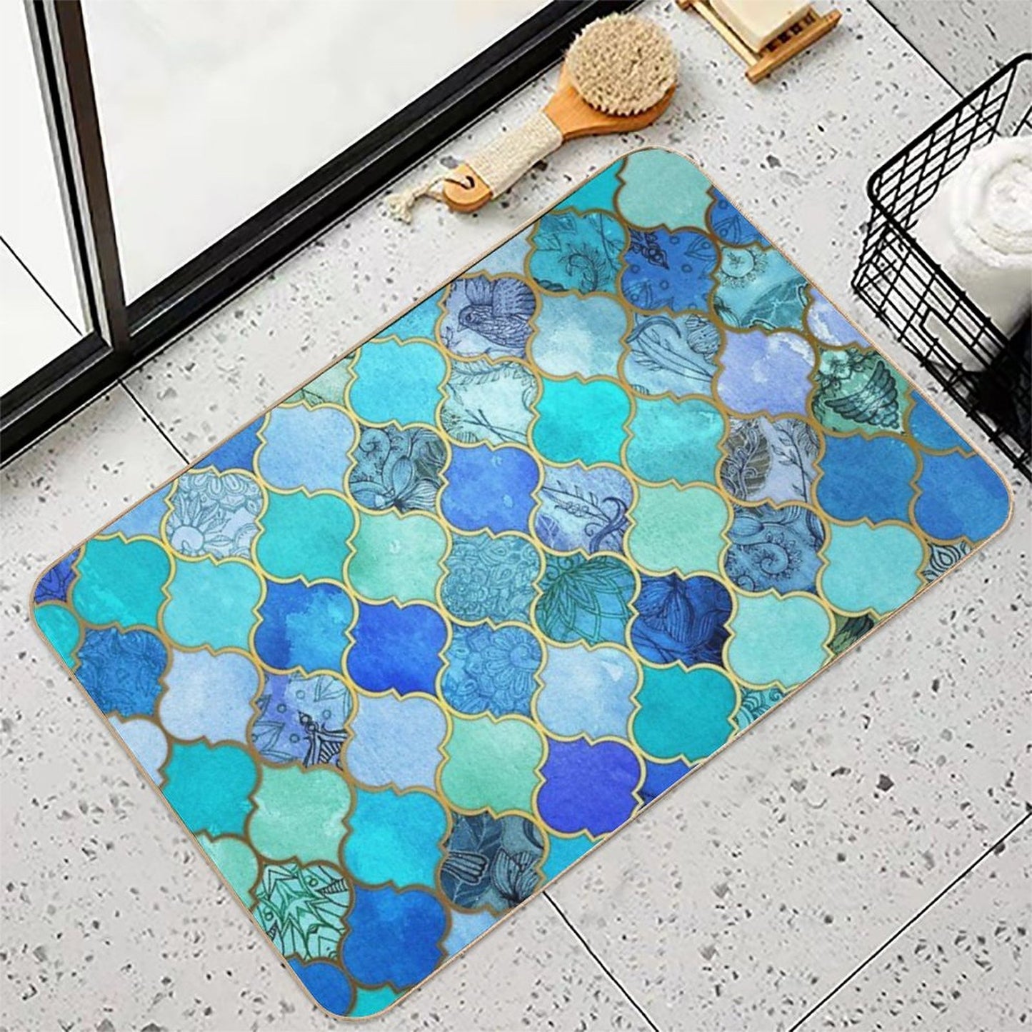 Cobalt Blue, Aqua & Gold Decorative Moroccan Tile Pattern Bath Mat