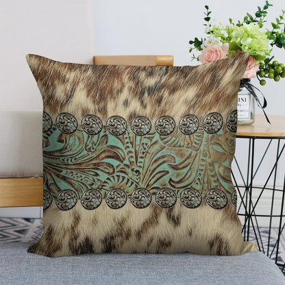 Rustic Brown Beige Teal Western Country Cowboy Fashion Linen Throw Pillow Cover