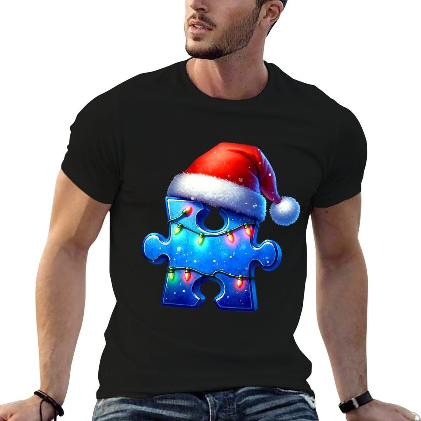 Puzzle Piece Santa Hat Autism Awareness Autistic Christmas  Trendy Pattern T-Shirt