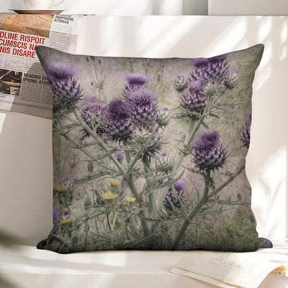 Purple Thistle Flowers with Yellow Daisies. Linen Throw Pillow Cover