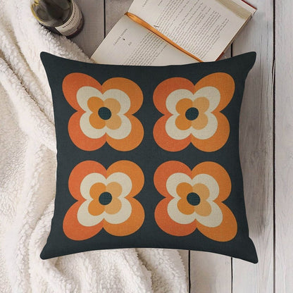 Retro Flowers - Orange And Charcoal Linen Throw Pillow Cover