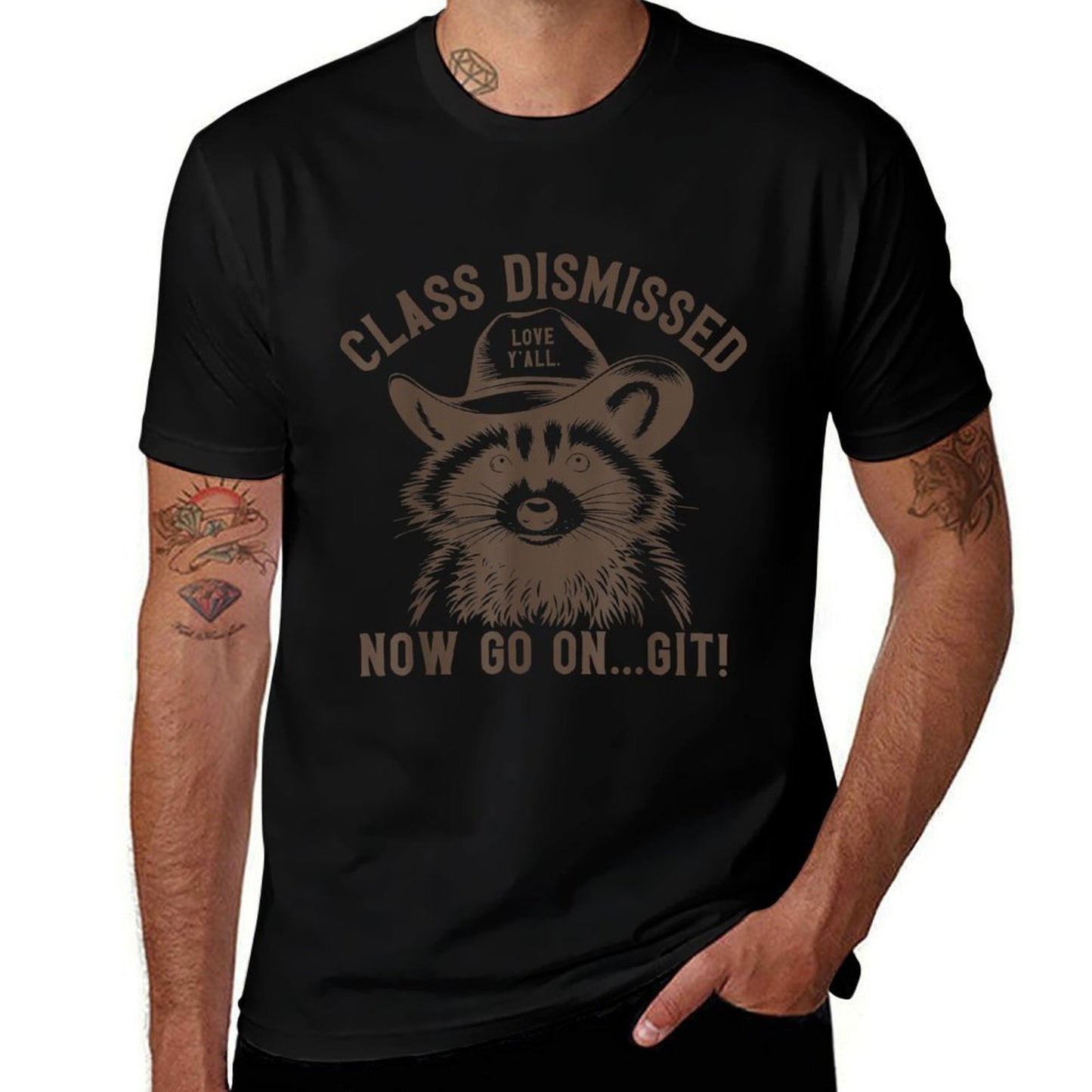Raccoon Class Dismissed Now Go On Git Fun Last Day of School  Ribbed Collar T-Shirt