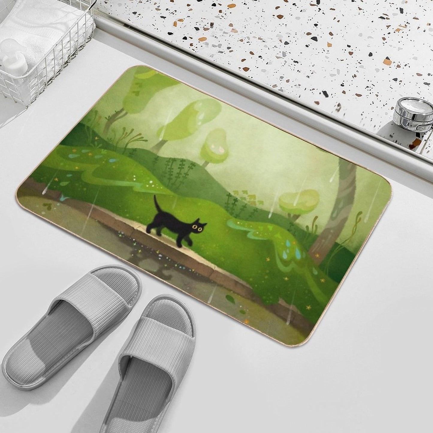 Kitty on A Rainy Day  Non-Slip Bath Mat