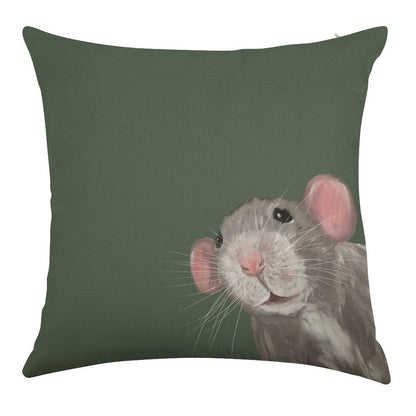 The Peeking Rat (Green) Linen Throw Pillow Cover