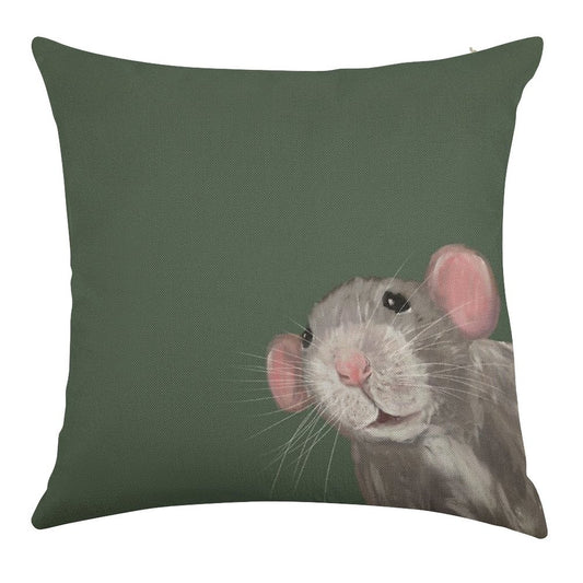 The Peeking Rat (Green) Linen Throw Pillow Cover