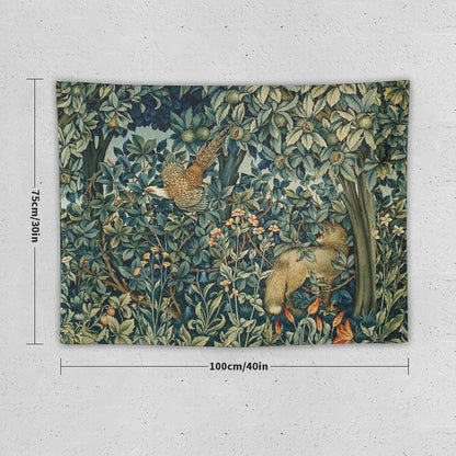 GREENERY, FOREST ANIMALS Pheasant And Fox Blue Green Floral Tapestry Tapestry