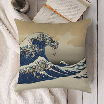 The Great Wave of Pugs Vanilla Sky Linen Throw Pillow Cover