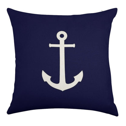 White Anchor On Navy Blue Linen Throw Pillow Cover