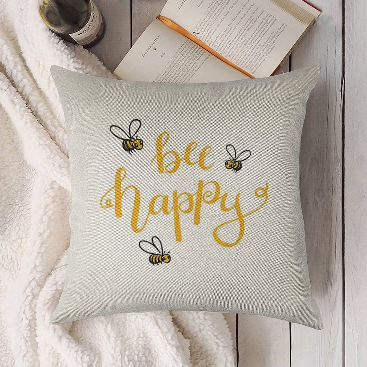 Bee Happy Linen Throw Pillow Cover