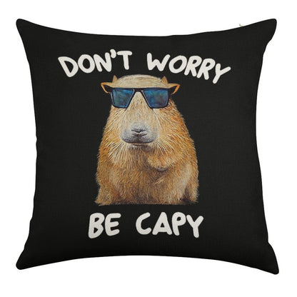 Funny Capybara Dont Worry Be Capy Funny Rodent Linen Throw Pillow Cover