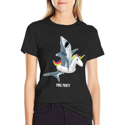 Pool Party Unicorn Float Funny Shark Lover Gift Kids  Ribbed Collar T-Shirt