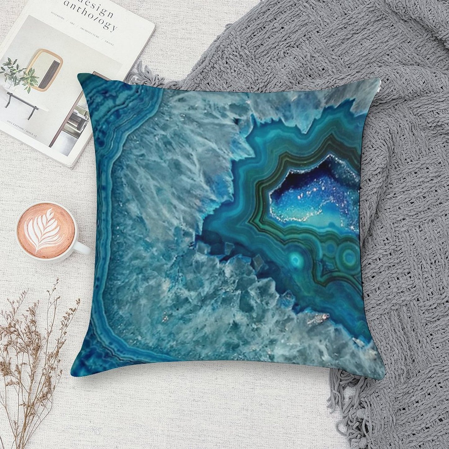 Teal Aqua Turquoise Blue Rock Agate Mineral Crystals Pattern Soft Anti-Pilling Throw Pillow