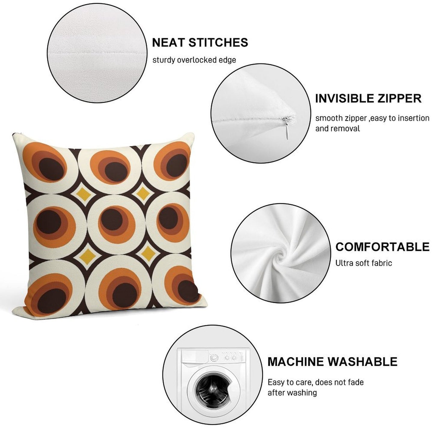 1970s Orange Mid-Century Modern Circle 1 Soft Shrink-Resistant Throw Pillow