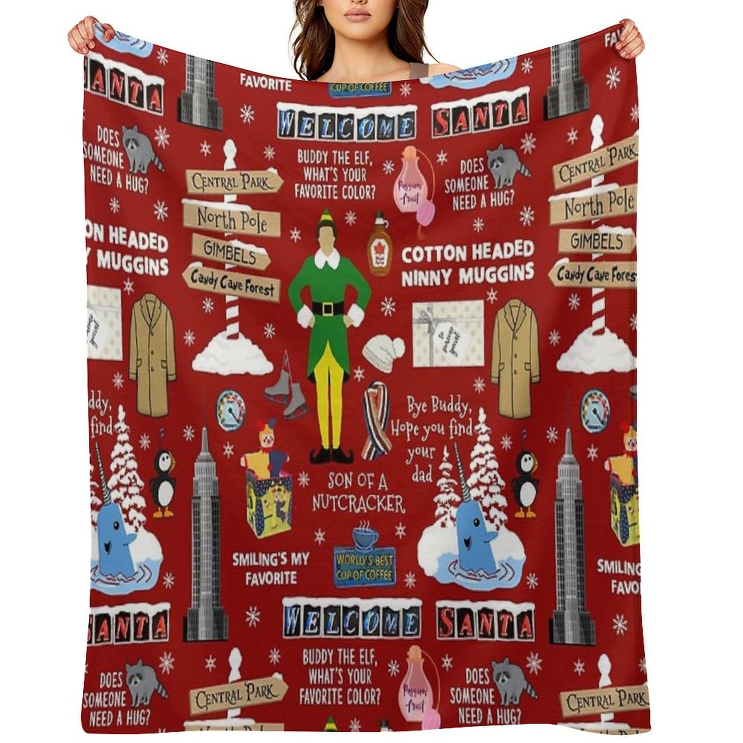 Buddy The Elf Collage, Red Background Throw Blanket