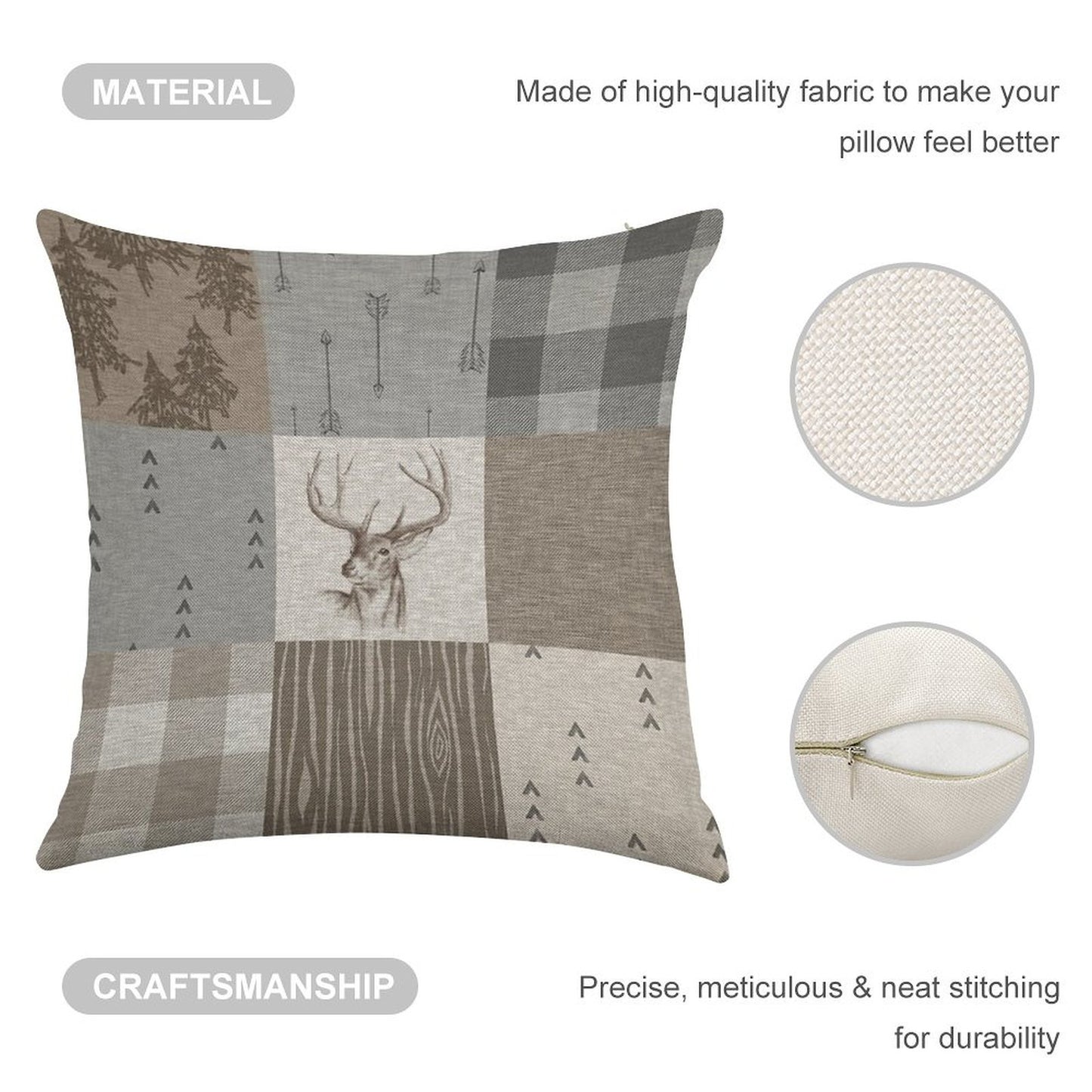 Deer Patchwork - Rustic Neutrals Linen Throw Pillow Cover