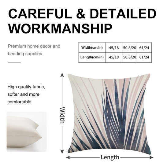 Contemporary Palm Leaf in Navy Blue And Blush Pink Linen Throw Pillow Cover