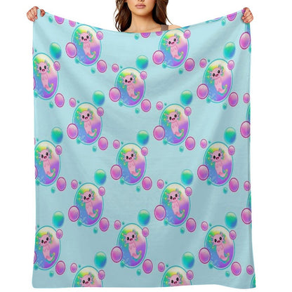 Kawaii Axolotl with Bubbles Throw Blanket