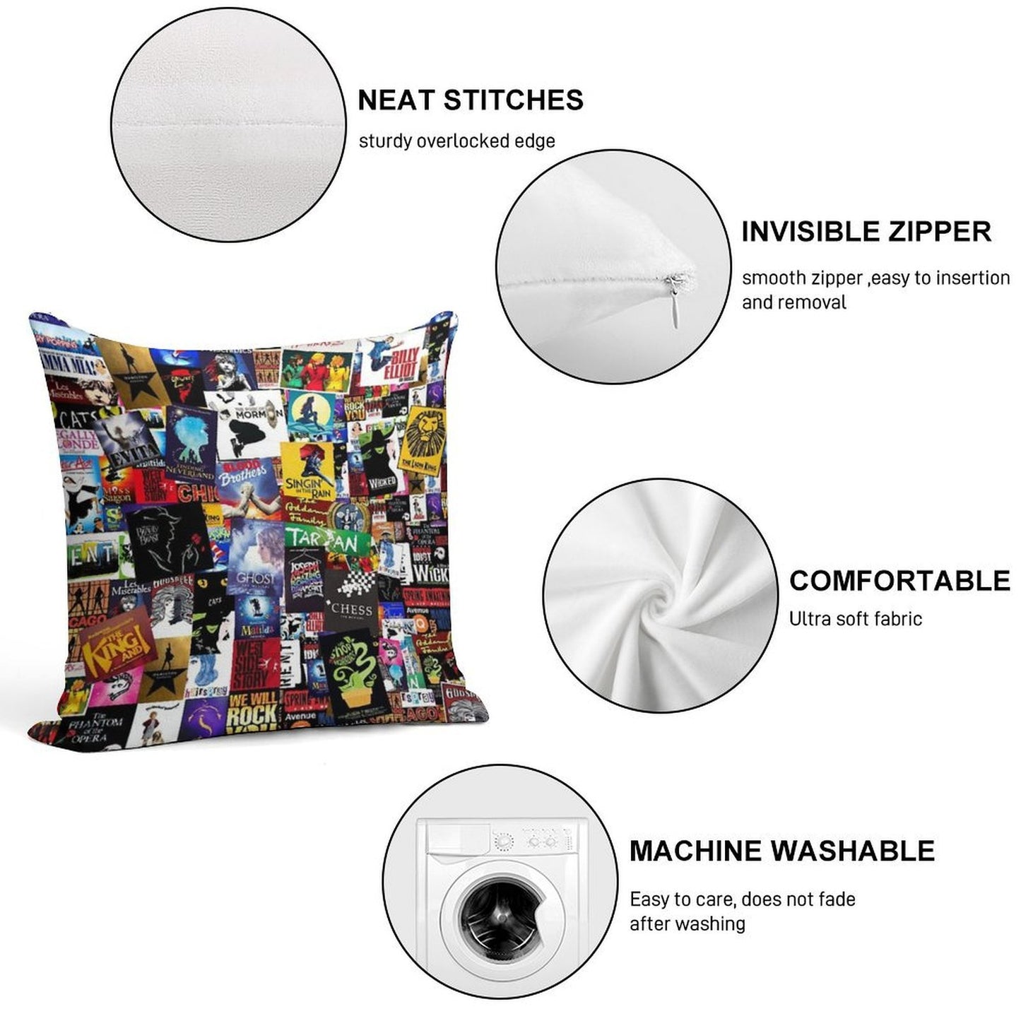 Musicals Collage IV Original Soft Washable Throw Pillow