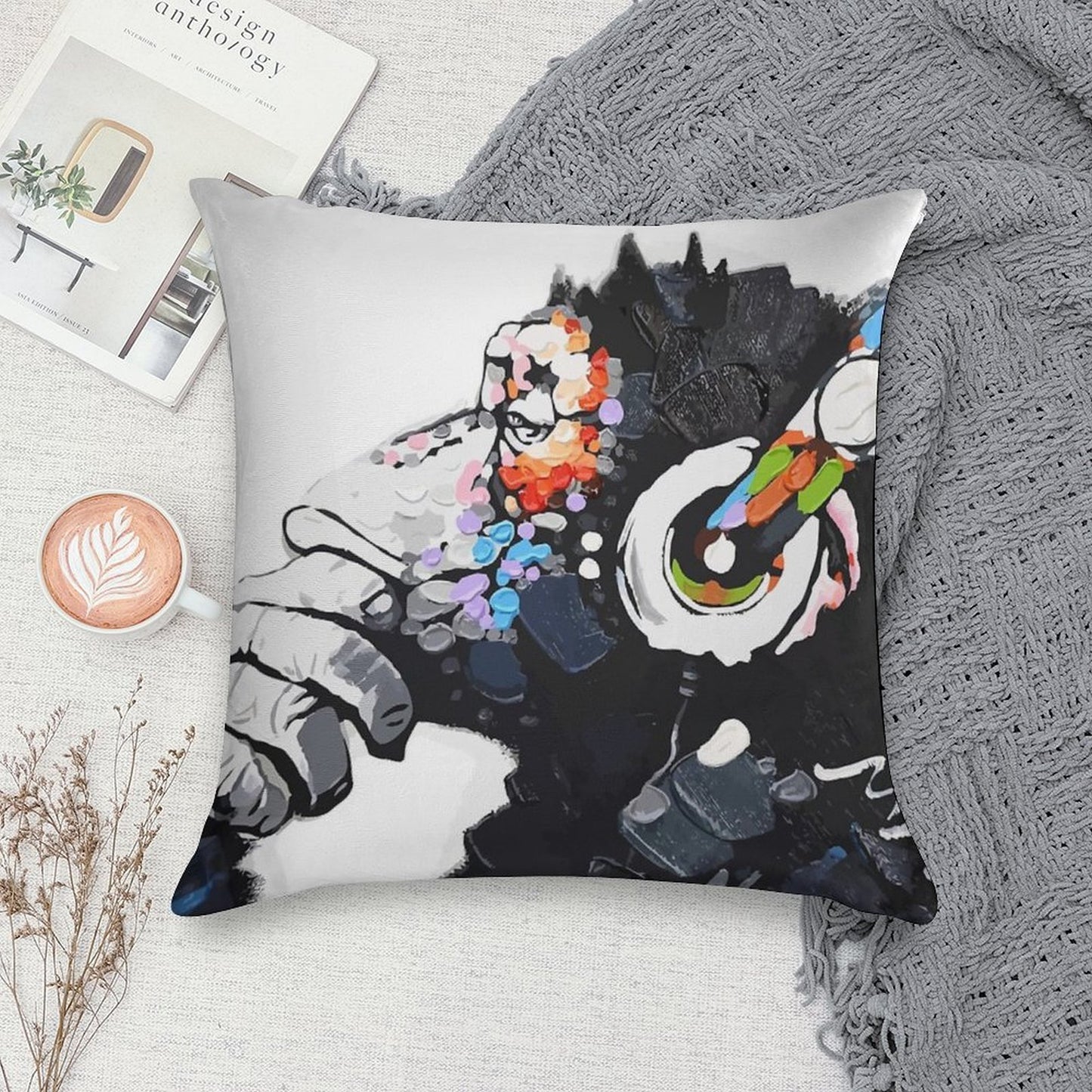 Banksy DJ Monkey Thinker with Headphones White Soft Home Decor Throw Pillow