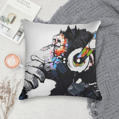 Banksy DJ Monkey Thinker with Headphones White Soft Home Decor Throw Pillow