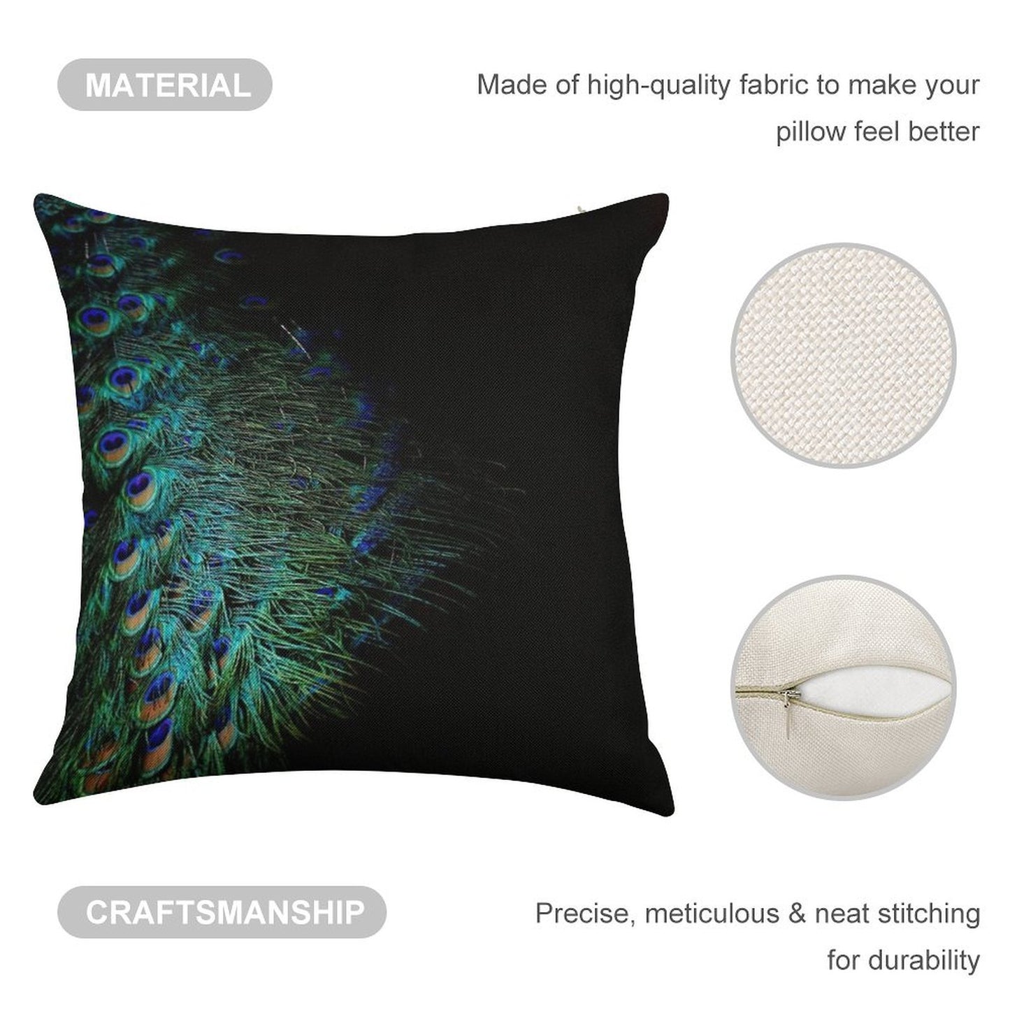 Peacock Feathers on A Black Background Linen Throw Pillow Cover
