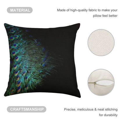 Peacock Feathers on A Black Background Linen Throw Pillow Cover