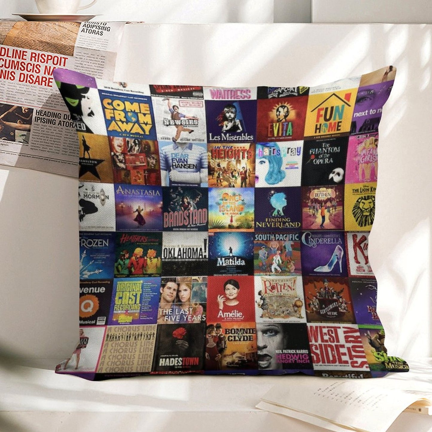 Musicals Collage Linen Throw Pillow Cover