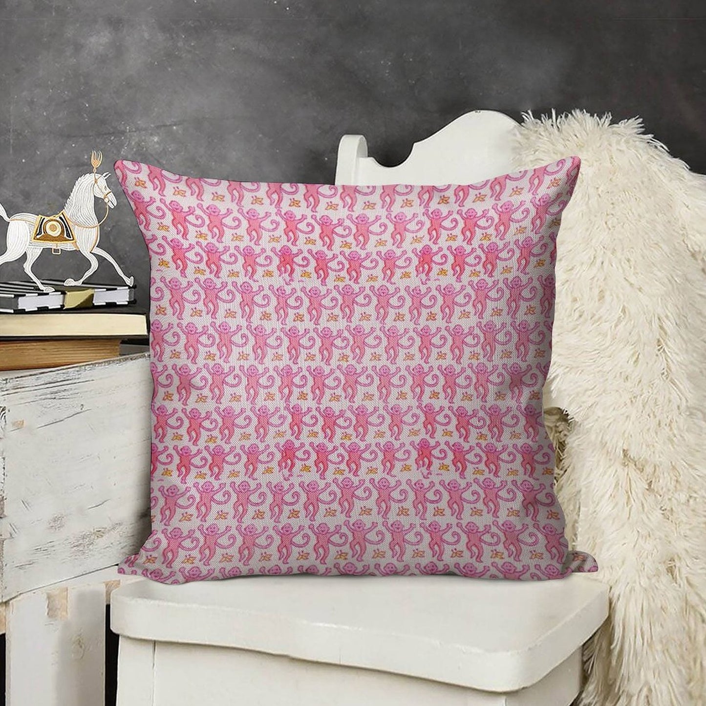 Pink Monkeys Linen Throw Pillow Cover