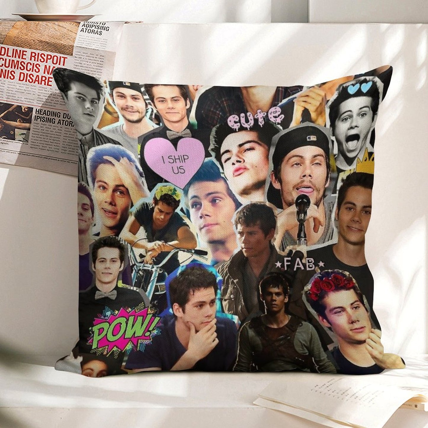 Dylan O'Brien Collage Linen Throw Pillow Cover