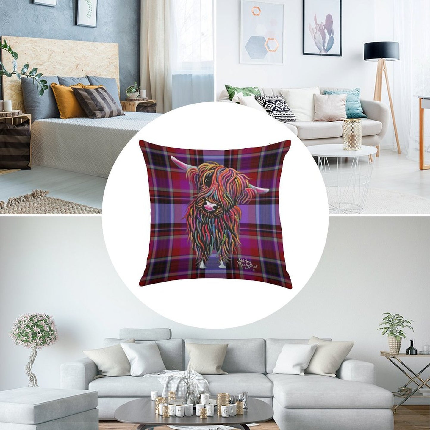 SCoTTiSH HiGHLaND CoW ' TaRTaN BoLLY P ' BY SHiRLeY MacARTHuR Linen Throw Pillow Cover